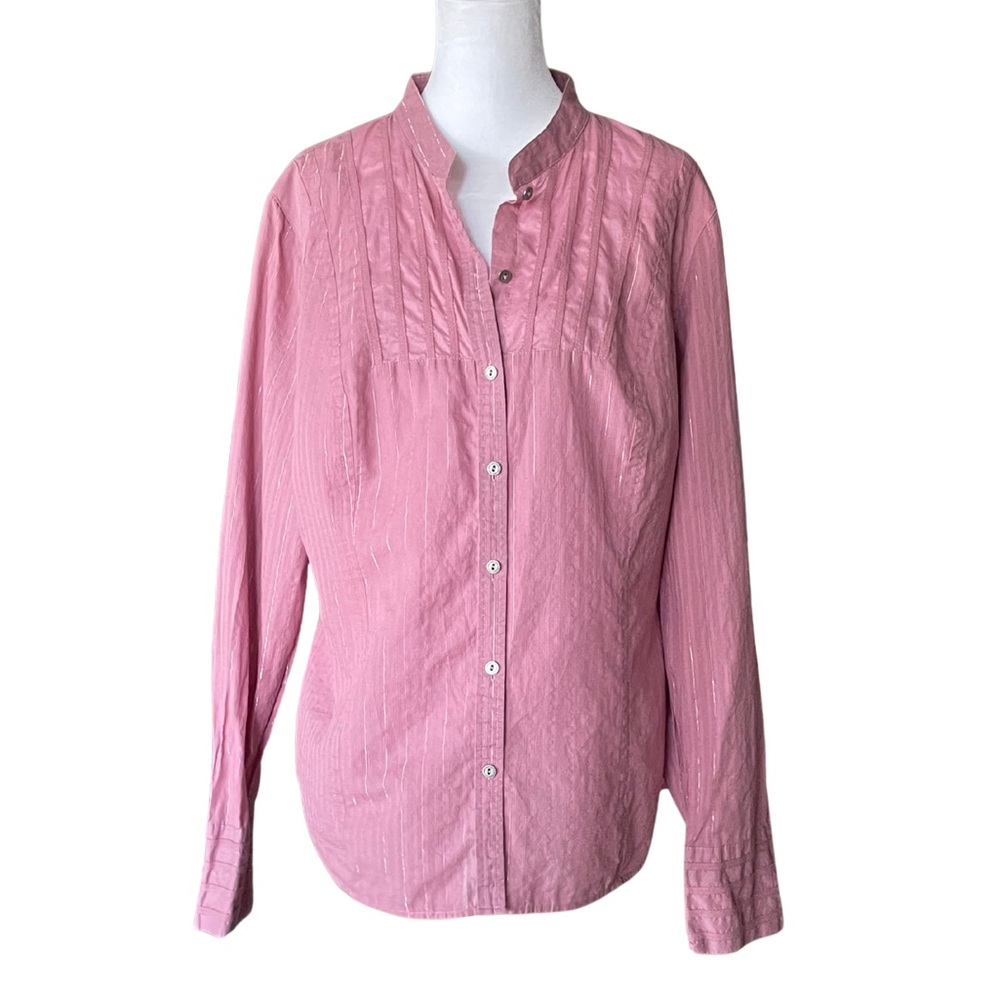 Calvin Klein Jeans Metallic Stripe Pintuck Blouse in Dusty Pink  - Size XL